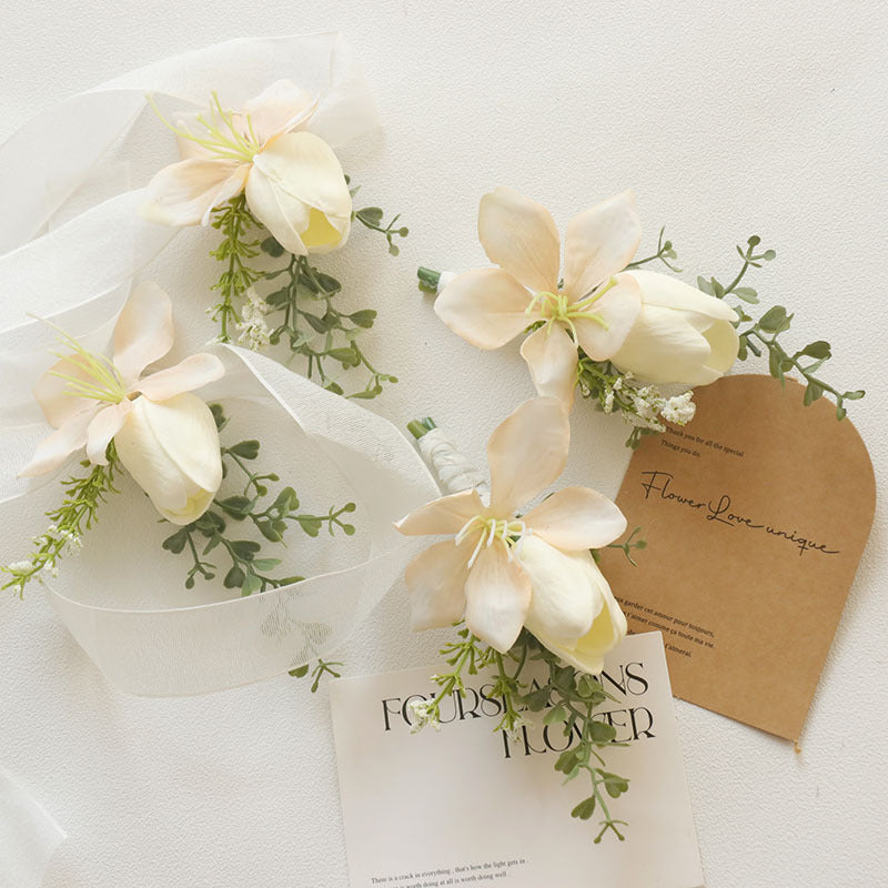 10 Pcs Artificial Calla Lily, Tulip & Orchid Boutonnieres and Corsages, White and Champagne, Silk Flowers