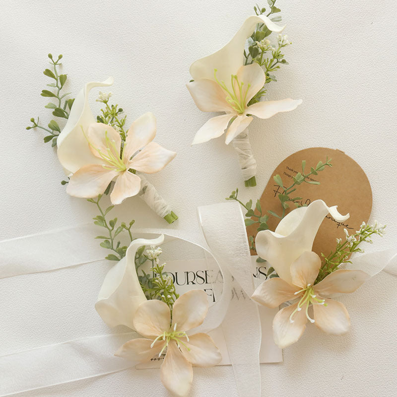 10 Pcs Artificial Calla Lily, Tulip & Orchid Boutonnieres and Corsages, White and Champagne, Silk Flowers