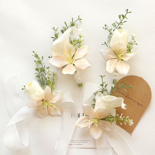 10 Pcs Artificial Calla Lily, Tulip & Orchid Boutonnieres and Corsages, White and Champagne, Silk Flowers