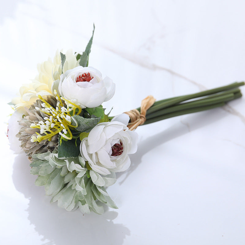 12 Inch Mixed Faux Chrysanthemum Pompon and Peony Buds Bouquet, 10 Pcs Artificial Flowers