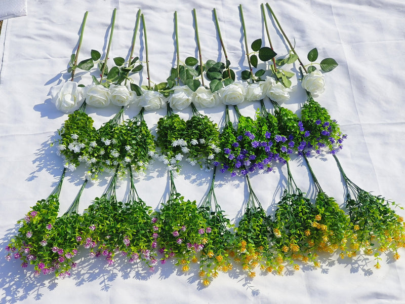 30 Pcs Mixed Artificial Rose Flowers with Greenery, UV Resistant Outdoor Faux Plants