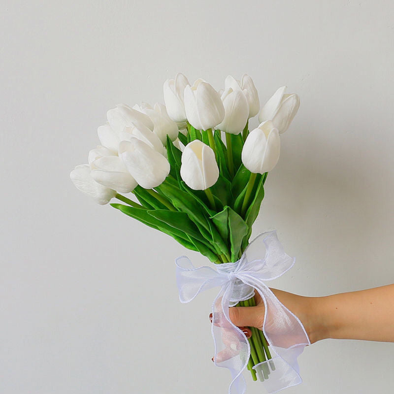 9 Inch Artificial Tulip Wedding Bouquet 10 Pcs Neutral Color Silk Flowers Bulk Wholesale