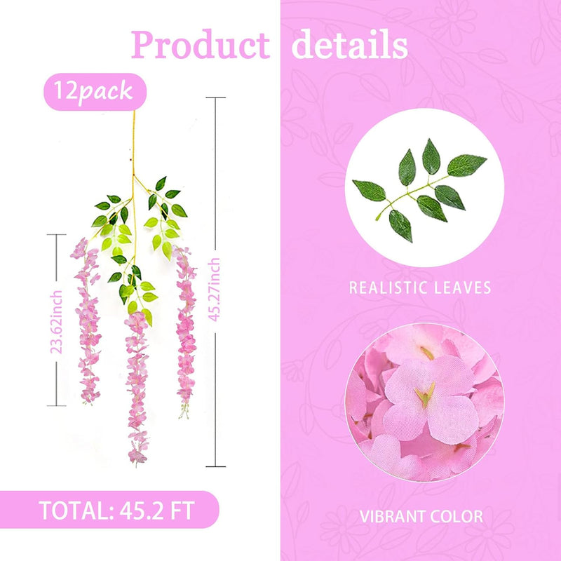 12 Inch Artificial Wisteria Hanging Flowers Garland, 12 Pcs, Purple, Silk, Wedding & Garden Wall Decor