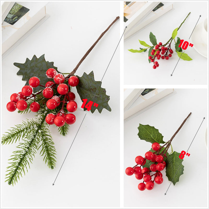 3 Styles Holly Berry Stems Picks Artificial Christmas Decoration Bulk Set