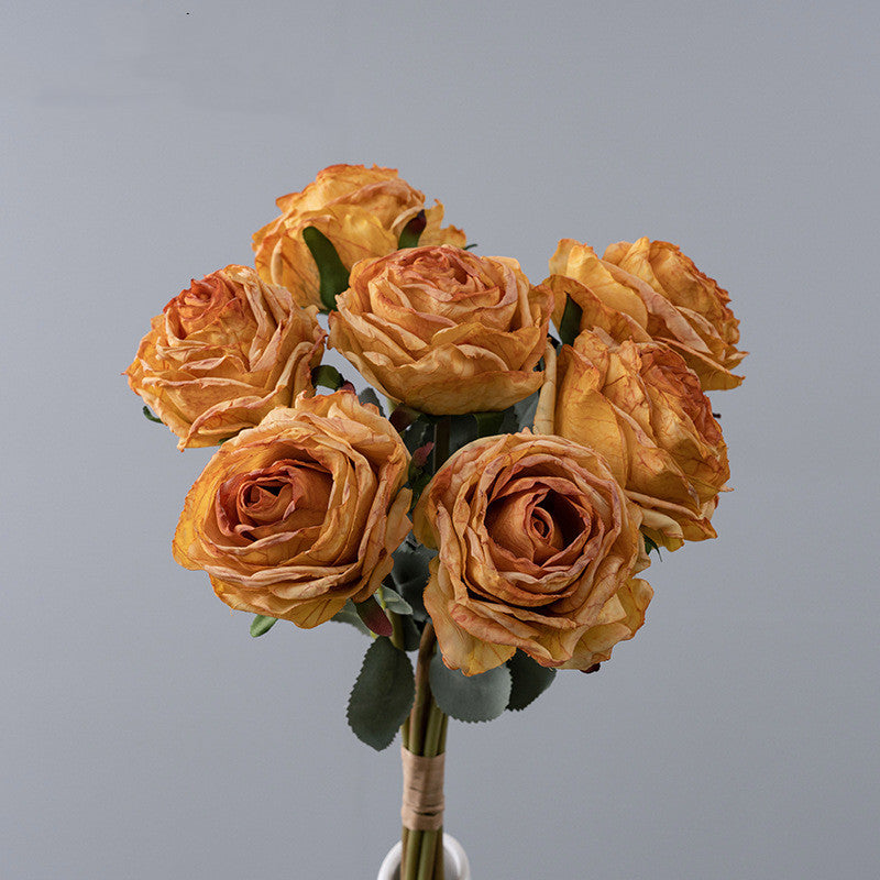 16.9 Inch Artificial Burnt-Edge Rose Bouquet, 10 Stems, Fall Colors Silk Flowers for Autumn Decor, Thanksgiving & Harvest Displays