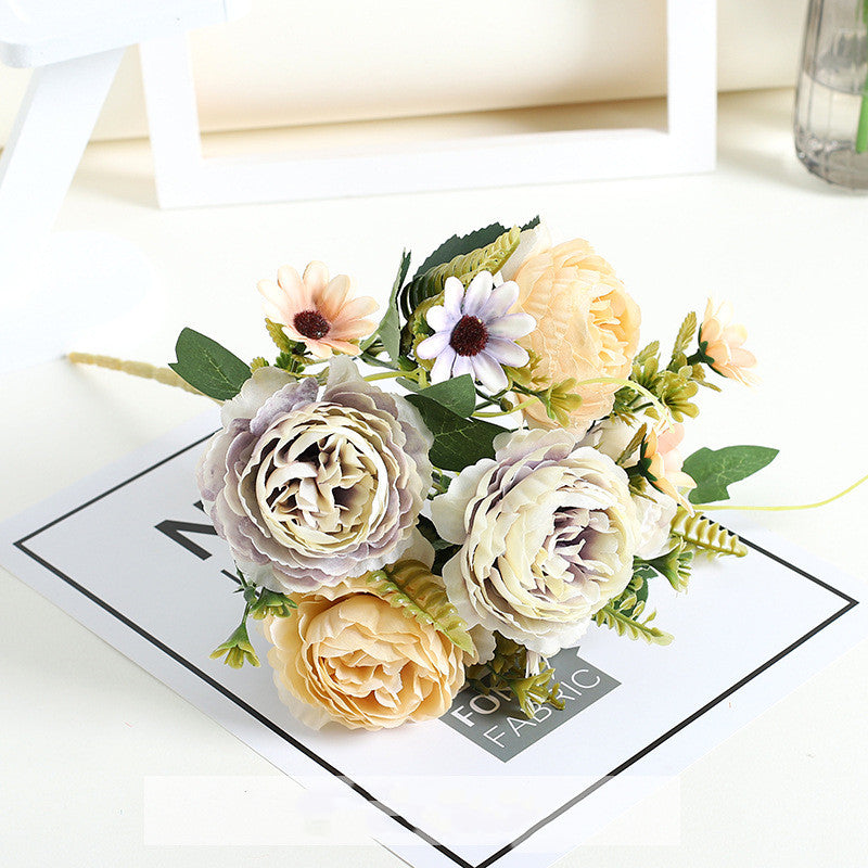 11.8 Inch Artificial Peony and Daisy Bush Bouquet, Mixed Flowers, Small Table Arrangement, 1 Piece, Silk Flowers for Home Decor and Wedding DIY