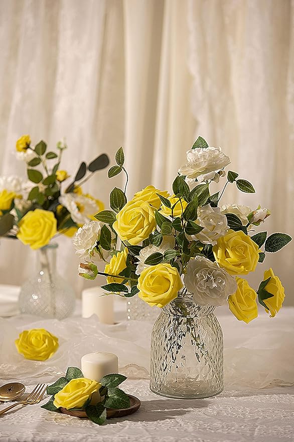 25 Pcs Artificial Foam Roses with Stems White 12 Inch Realistic DIY Wedding Bouquet Centerpieces