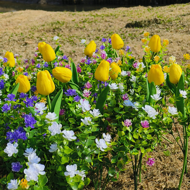 35 Pcs Mixed Yellow Tulip Artificial Flowers with Green Plants UV Resistant Outdoor