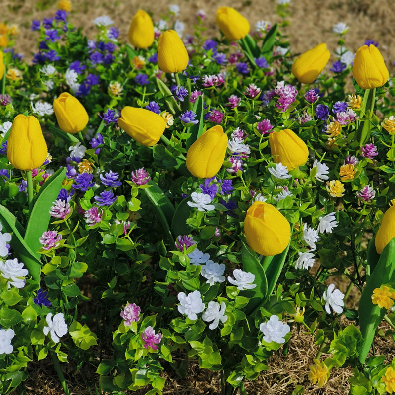 35 Pcs Mixed Yellow Tulip Artificial Flowers with Green Plants UV Resistant Outdoor