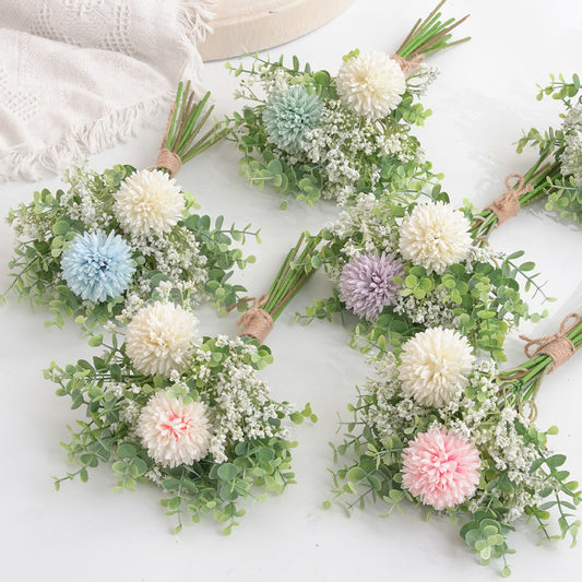 Bulk 2 Bundles Artificial Baby’s Breath Silk Chrysanthemum Bouquet with Eucalyptus Leaves for Wedding Bridal Bouquets Table Centerpieces Wholesale