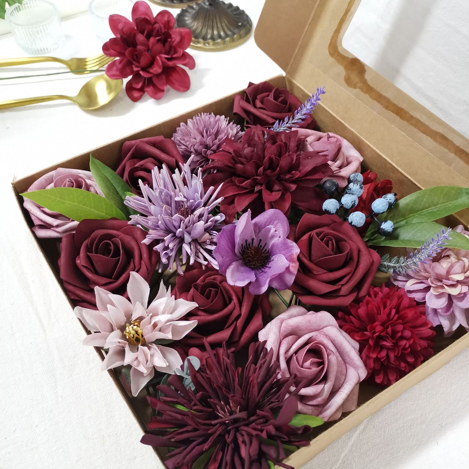 Bulk Artificial Burgundy Dahlia Flowers Combo Box Set with Stems Wholesale