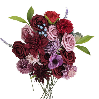 Bulk Artificial Burgundy Dahlia Flowers Combo Box Set with Stems Wholesale