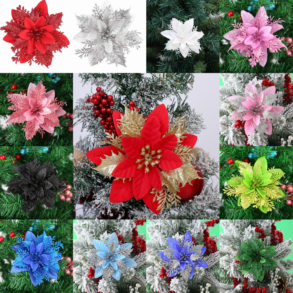 Bulk 6" Glitter Poinsettia Artificial Christmas Flowers Xmas Tree Ornaments 14 Colors Wholesale