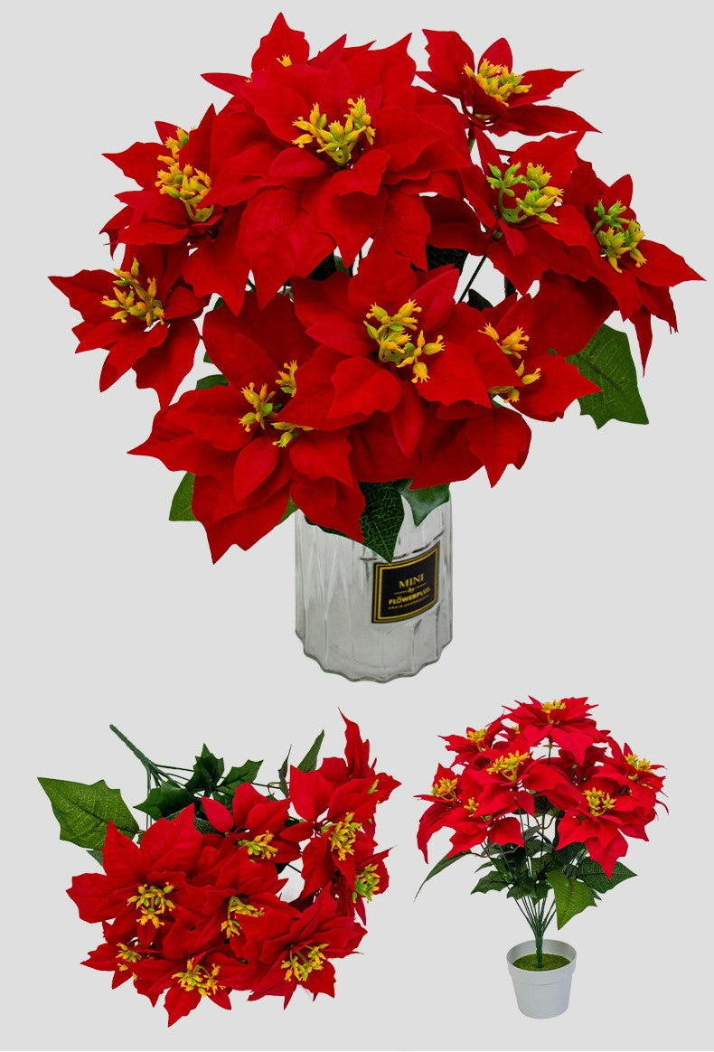 Bulk Christmas 12 Stems Poinsettia Bush Silk Floral with Detachable Flower Heads Wholesale
