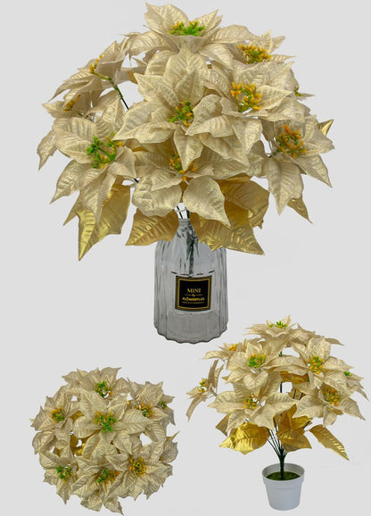 Bulk Christmas 12 Stems Poinsettia Bush Silk Floral with Detachable Flower Heads Wholesale