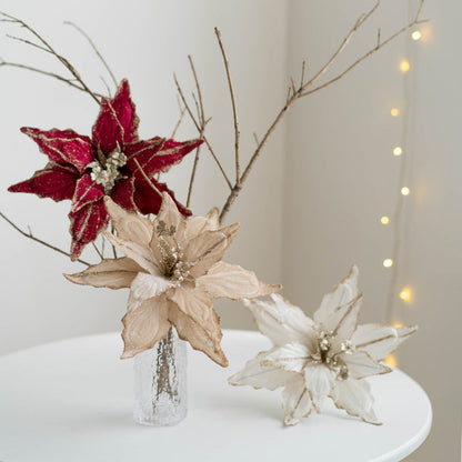 Bulk 11"  Large Christmas 1970S Glitter Poinsettia Artificial Flowers for Christmas Tree New Year Ornaments Wholesale