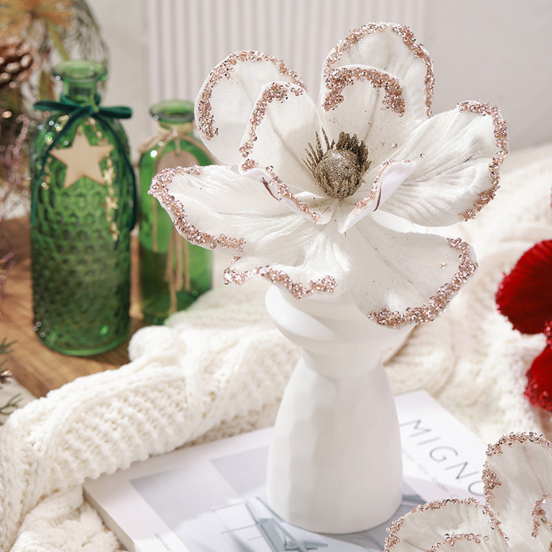 Holiday & Event Decor Glittered Artificial Christmas Flower Stems, 10", White & Burgundy