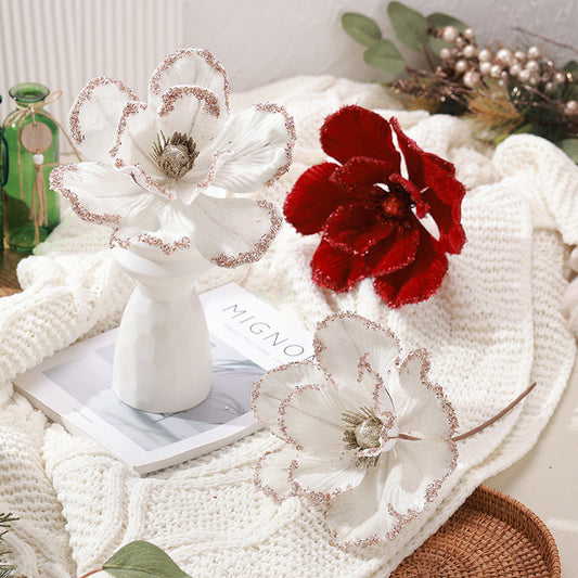 Bulk Large Velvet Christmas Poinsettia Burgundy Artificial Magnolia Flower Ornaments Floral Picks Stems for Christmas Centerpiece Wholesale