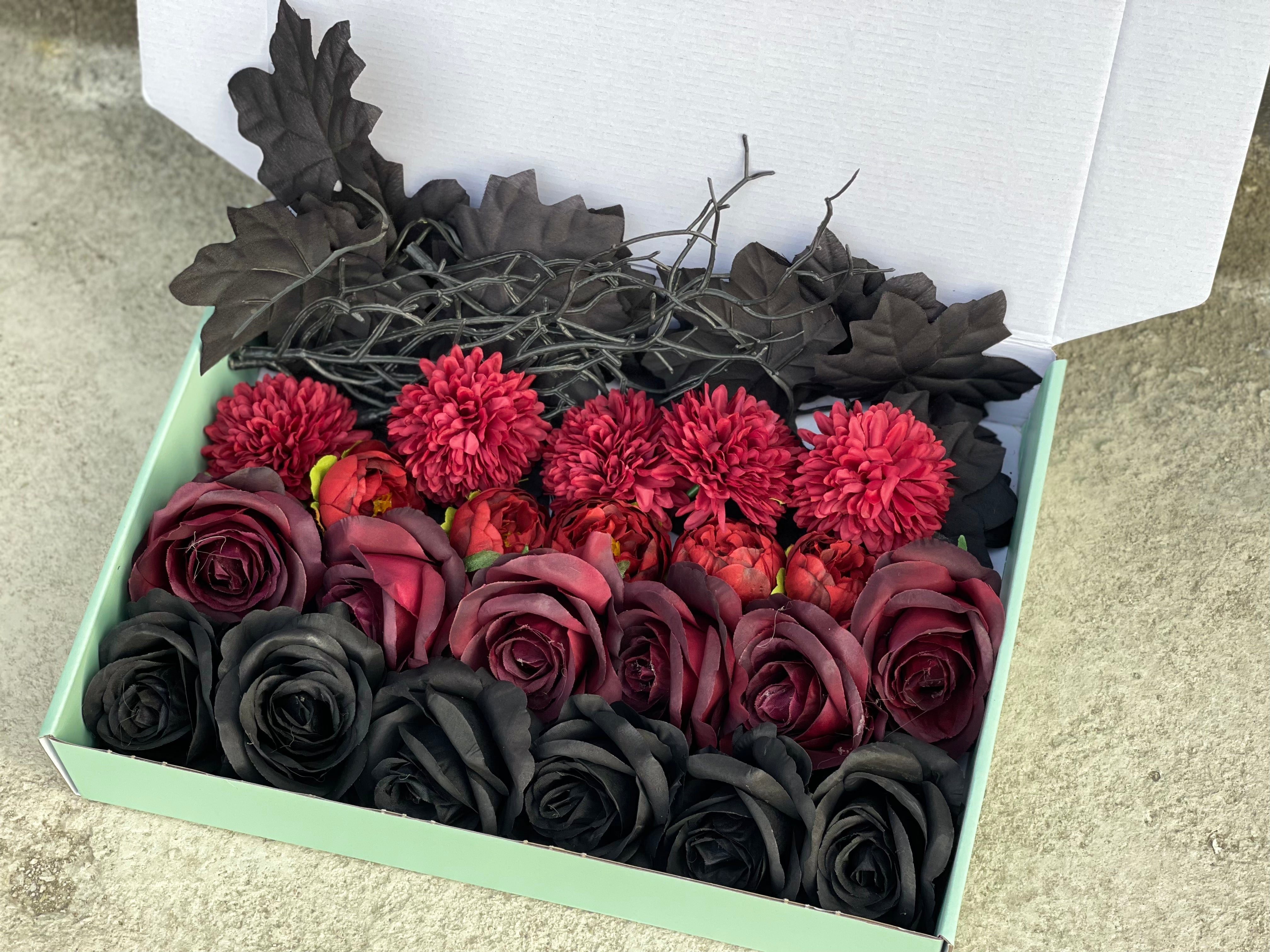 Bulk 50Pcs Black and Burgundy Artificial Flower Box Set for Halloween Crafts Wholesale