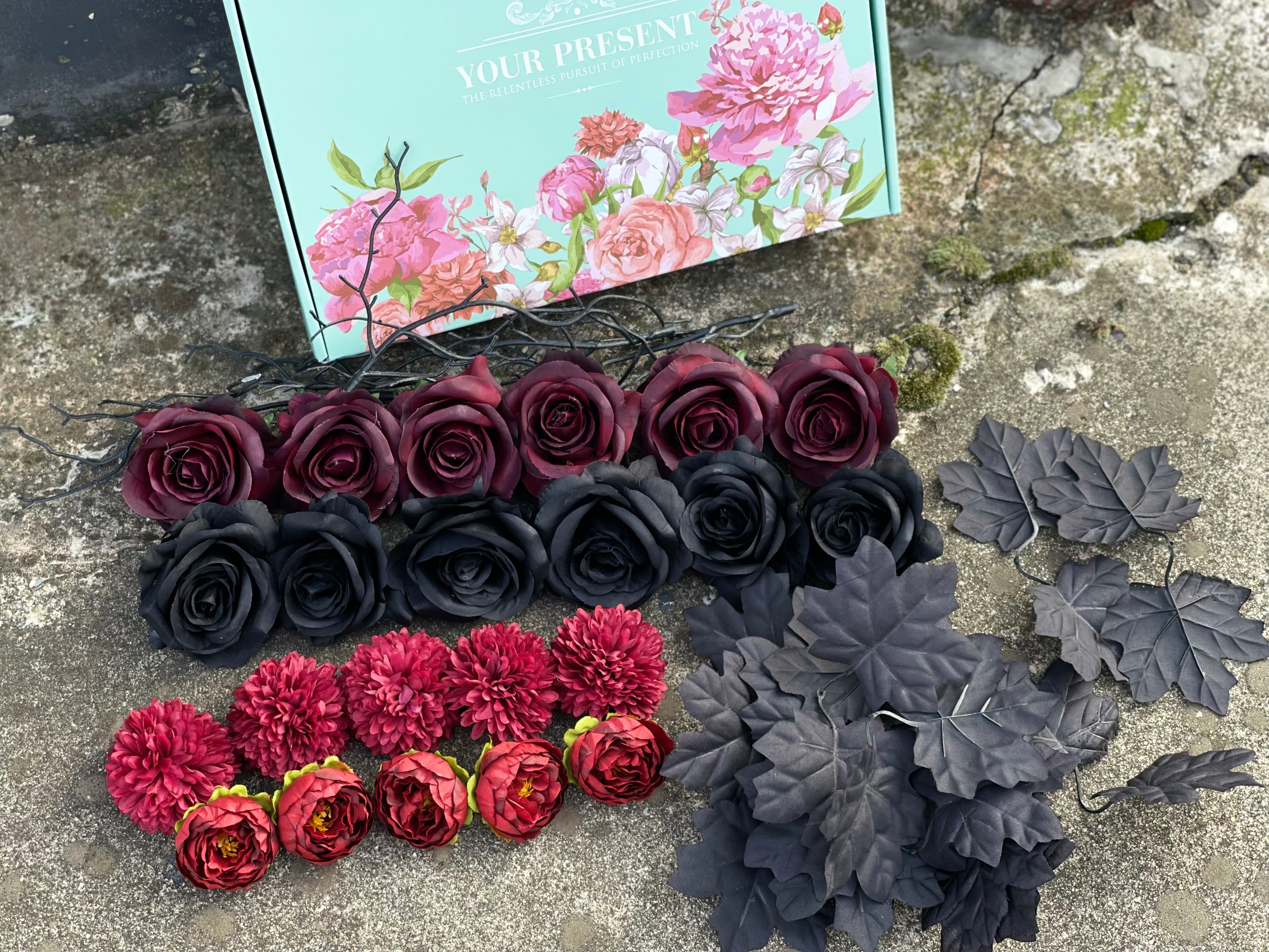 Bulk 50Pcs Black and Burgundy Artificial Flower Box Set for Halloween Crafts Wholesale