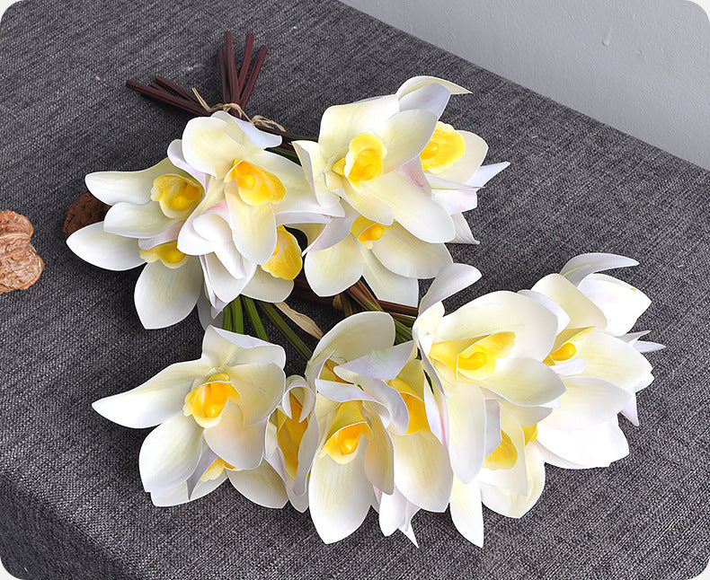Bulk 10" Artificial Cymbidium Bouquet Real Touch Yellow Flowers Arrangement Wholesale