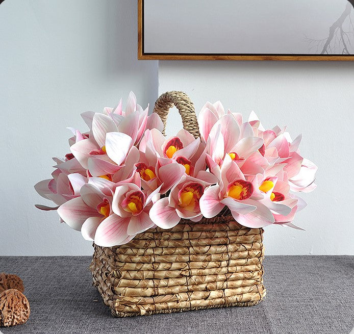 Bulk 10" Artificial Cymbidium Bouquet Real Touch Yellow Flowers Arrangement Wholesale