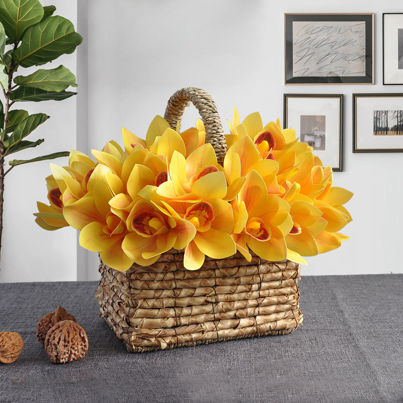 Bulk 10" Artificial Cymbidium Bouquet Real Touch Yellow Flowers Arrangement Wholesale