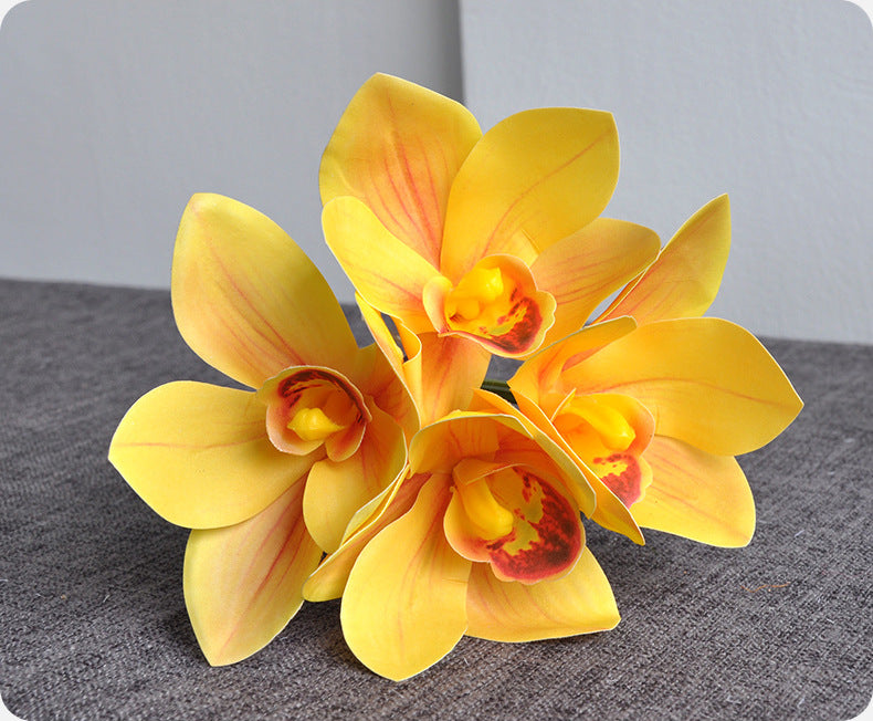Bulk 10" Artificial Cymbidium Bouquet Real Touch Yellow Flowers Arrangement Wholesale