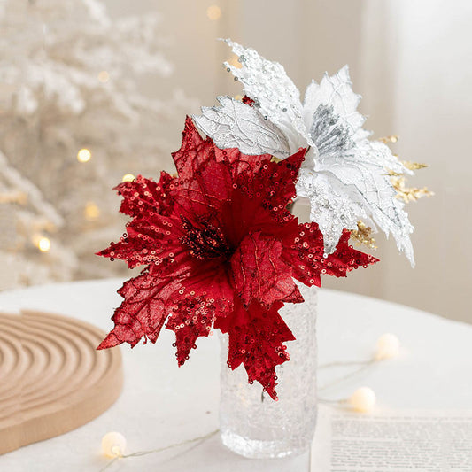 Bulk 9.8" Christmas Poinsettia Pick Artificial Glitter Flowers for Christmas Tree Ornaments Wholesale