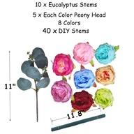 Event & Wedding DIY Floral Kit, 40 Peony Heads + 10 Eucalyptus Stems, 8 Color Options
