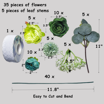 Bulk 40Pcs Teal Blue Green Artificial Flowers Combo Box Set for Wedding Crafts Wholesale